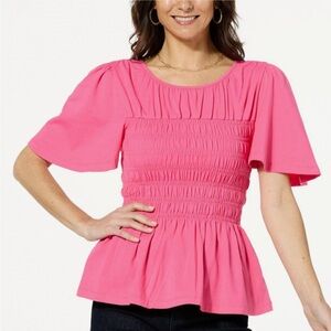 DG2 by Diane Gilman Smocked Bodice Flutter-Sleeve Pink Women's Top Size 1X